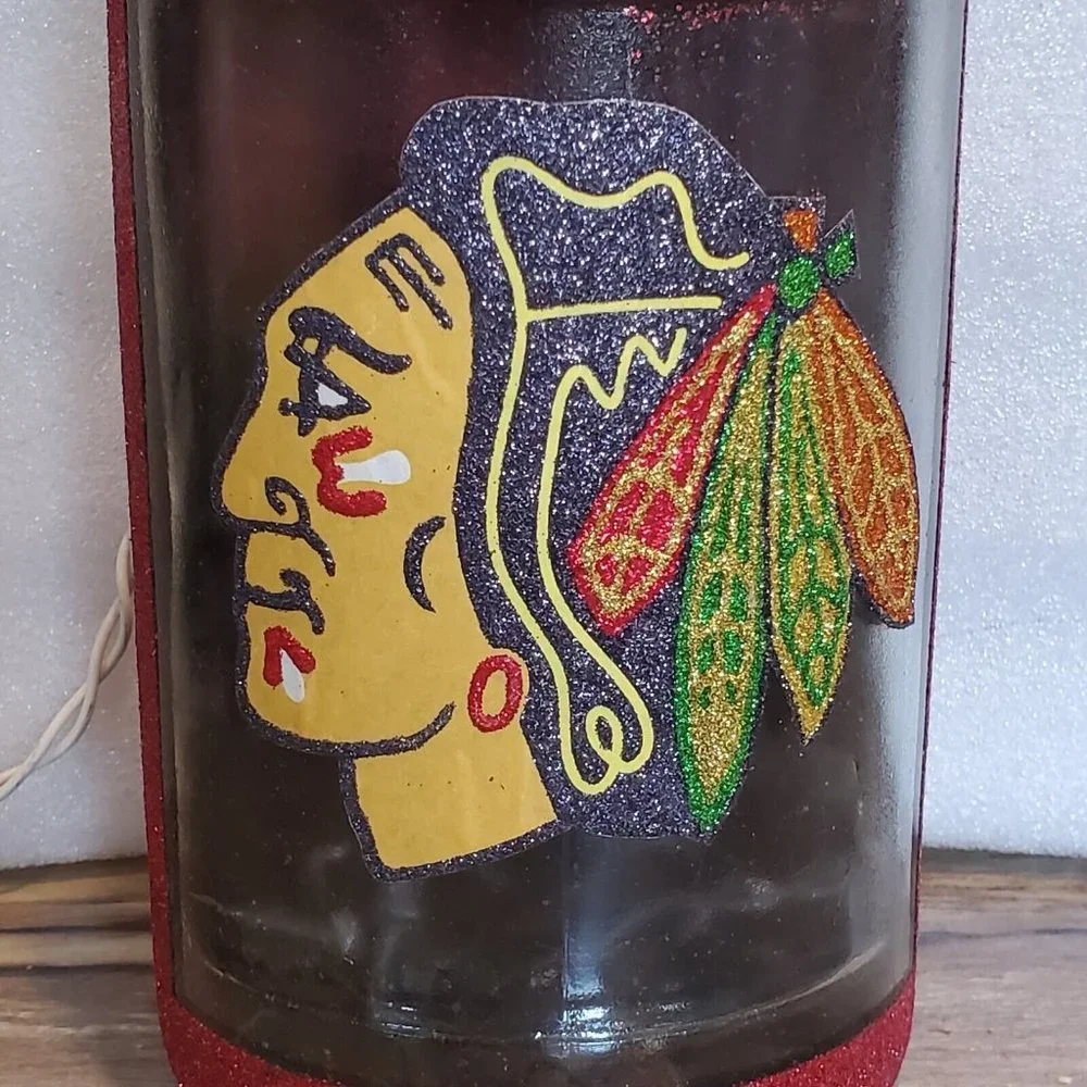 Chicago Blackhawks Inspired Hand Painted Lighted Bottle Glass ManCave Hockey 12